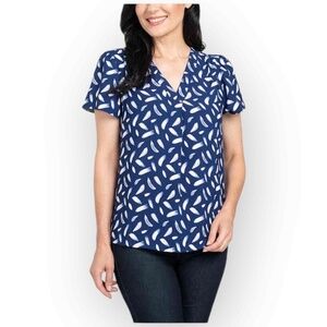 Hilary Radley Ladies V-Neck Blouse, Dark Blue (Deep Indigo/Off-White) 5M